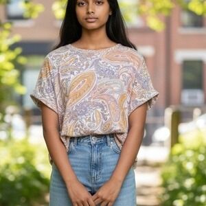 Cupio Womens Paisley Print Short Sleeve Knit Top Orange Purple Medium Spring Fun